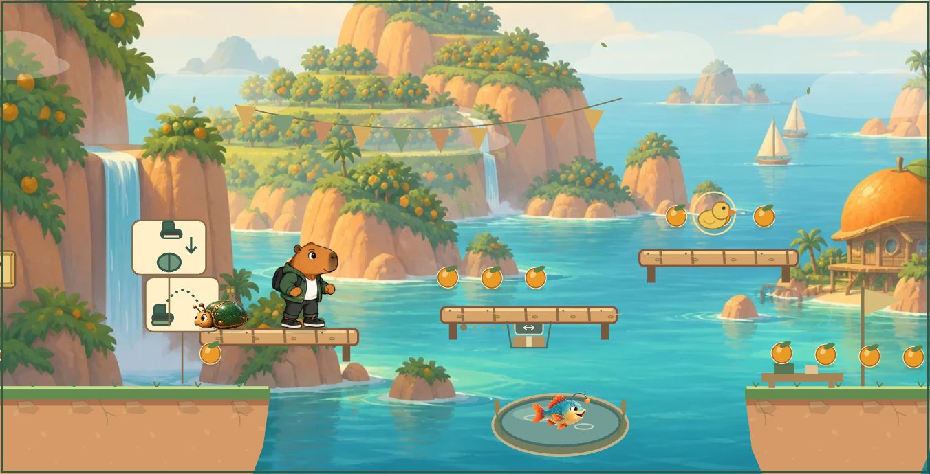 Cappy on an island trail with oranges, a rolling beetle, a jumping phish, and a hidden duck ahead.